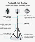 Product Detail Display showing Dope Air Cushioned Aluminum Light Stand Extends To 110 Inches, 9.2 Ft with reinforced frame and nylon feet.