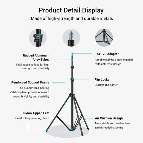 Product Detail Display showing Dope Air Cushioned Aluminum Light Stand Extends To 110 Inches, 9.2 Ft with reinforced frame and nylon feet.