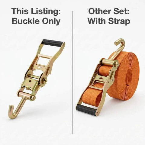 Bombproof 2 Inch Ratchet Buckle With Fixed J Hook Replacement Kit showing buckle only and buckle with orange strap.