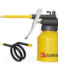 Yellow dual spout metal pump oiler for cars and machinery, 8 oz with straight and flex spouts, high-pressure leak-proof design.
