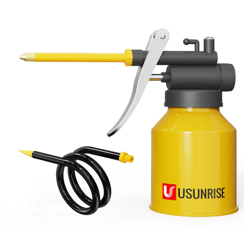 Yellow dual spout metal pump oiler for cars and machinery, 8 oz with straight and flex spouts, high-pressure leak-proof design.