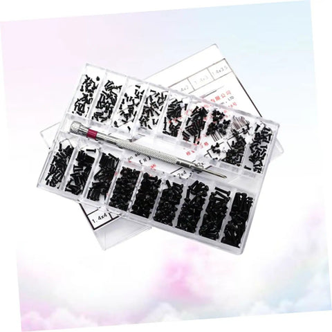 Handy Dandy Miniature Hardware Screw Set With Countersunk Round Heads And Solid Carbon Steel Build Perfect For Eyeglass Watch Repair Handyman Projects Smooth Operator Toolkit Neat Storage Box Included, showing organized black screws and a precision screwdriver.