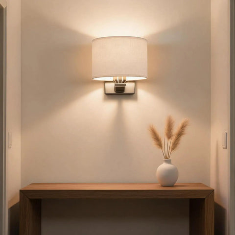 Edwarmlux Indoor Wall Sconces, Brushed Nickel, 1 Pack, E26 Bulbs Excluded on a wall illuminating a hallway with soft light.