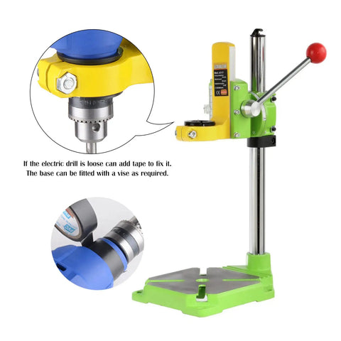 Close-up of Beefy Floor Drill Press Stand And Work Station Table Top With 90 Degree Rotating Frame, green base with drill clamp.