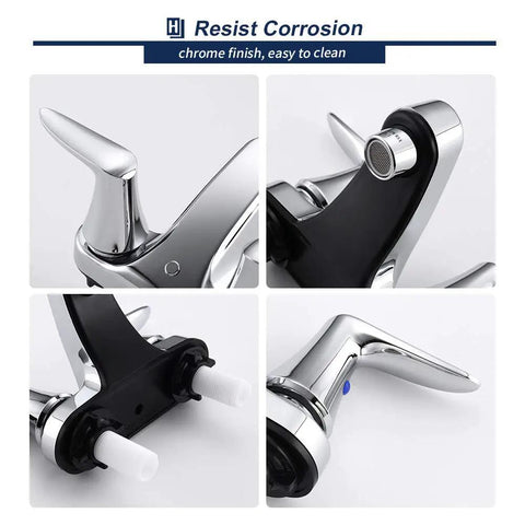 Close-up of Modern 4 Inch Centerset Bathroom Sink Faucet With Dual Levers No Splash Aerated Stream For Precise Temperature And Flow