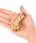 45 Degree Garden Hose Elbow Gooseneck Brass Connector 3/4 Inch GHT To 3/4 Inch No Fuss Stress Relief For RV Water Hoses Heavy Duty Solid Brass Includes Washers 2 Pack For Pressure Washers And Campers. Brass 45-degree hose elbow shown in hand, 3/4 inch threaded connector