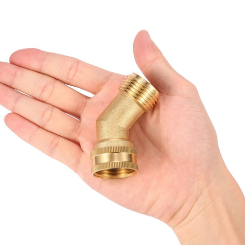 45 Degree Garden Hose Elbow Gooseneck Brass Connector 3/4 Inch GHT To 3/4 Inch No Fuss Stress Relief For RV Water Hoses Heavy Duty Solid Brass Includes Washers 2 Pack For Pressure Washers And Campers. Brass 45-degree hose elbow shown in hand, 3/4 inch threaded connector