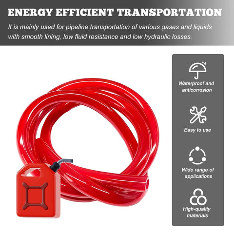 Red Flexible Silicone Fuel Line Hose 0.2 Inch By 3.28 Feet Gas Line Tubing shown coiled with gas can icon, leak proof heavy duty.