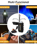 Dual Arc USB Rechargeable Plasma Lighter With LED Battery Indicator, featuring 360° neck, flashlight, whistle, camping gear