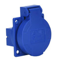 Blue circular wall-mounted outdoor power socket box, IP54, 16A 200–250V (front view).