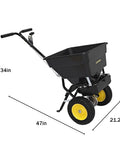 Walk Behind Broadcast Spreader With 100 Pound Hopper And 0 To 9.8 Feet Spreading Width, side view with yellow wheels