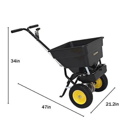 Walk Behind Broadcast Spreader With 100 Pound Hopper And 0 To 9.8 Feet Spreading Width, side view with yellow wheels