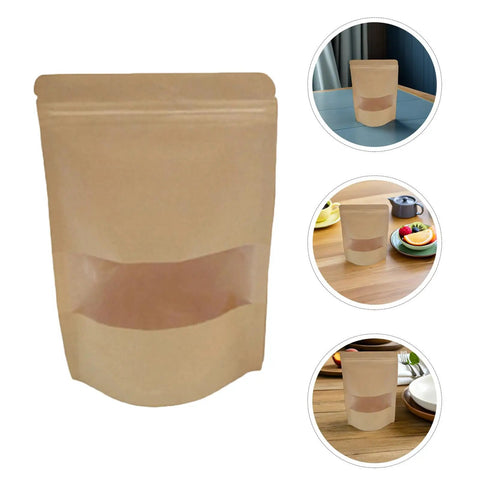 Kraft Paper Stand Up Pouches With Clear Window Pack Of 50 Reusable Sealable Bags for food packaging and pantry organization