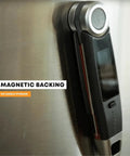 X10 Instant Read Digital Meat Thermometer with magnetic backing on stainless steel surface for easy storage