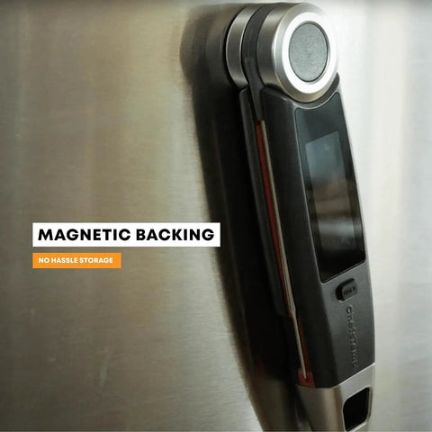 X10 Instant Read Digital Meat Thermometer with magnetic backing on stainless steel surface for easy storage