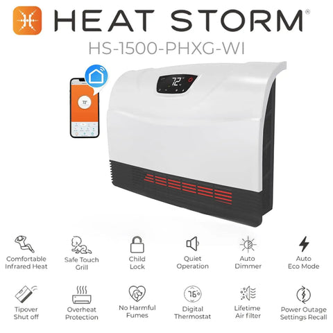 WiFi Infrared Wall Mounted Heater With Remote Touchscreen Digital Thermostat Tip Over Safety Shut Off Space Saving Wall Mount