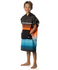 Child wearing Kids Hooded Changing Poncho Towel For Beach And Pool Microfiber Quick Dry Swim Poncho Soft Suede Like Fabric Lightweight And Absorbent Easy To Change In Front Pocket Kid Sized Ideal For Boys And Girls Sunset Drift Small