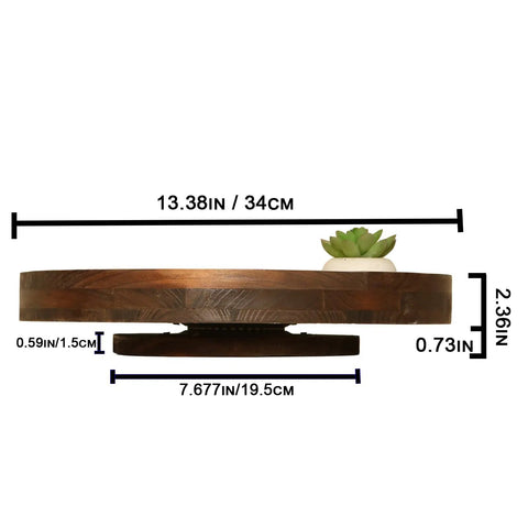 Side view of 13.38 Inch Round Solid Wood Lazy Susan Turntable Tray for Cabinets and Pantries, showing dimensions and smooth base.