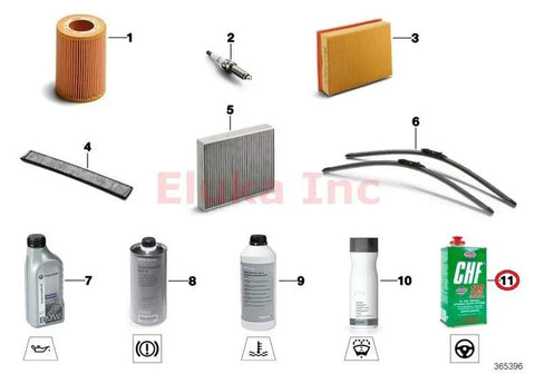 Assorted BMW car parts including CHF 11S Synthetic Hydraulic Oil 1000ml for E70 X5 and X3, filters, and wiper blades.