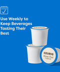 K-Duo 3 Month Brewer Care Kit With Descaling Solution Cleansing Tablets Rinse Pods And Water Filter Cartridges To Eliminate Mineral Build Up Coffee Oils Flavor Carryover And Improve Taste For A Smooth Cleaner Brew rinse pods stacked against blue background.
