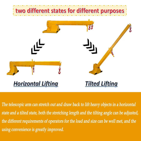 Pro Grade Forklift Telescopic Boom Jib Crane Hoist 4400 Lb Capacity showing horizontal and tilted lifting positions.