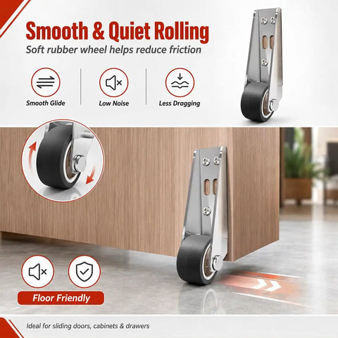 Heavy Duty Vertical Track Roller Wheels For Sliding Doors And Cabinets With Smooth Quiet Rubber Casters That Roll Like Butter Easy Anti Sag Bottom Guide Pulleys Built Tough Handles 110 Lbs Per Pair close-up of rubber wheel and alloy bracket on wooden surface.