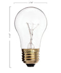Single clear glass 15W A15 bulb with E26 base showcasing durable filament, part of Pack Of 6 15W A15 Appliance Light Bulbs.