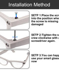 Installation method visuals for No Mess Replacement Screw Kit That Slips Right Into Ray Ban Meta Wayfarer Skyler headliner frames.