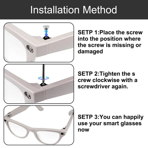 Installation method visuals for No Mess Replacement Screw Kit That Slips Right Into Ray Ban Meta Wayfarer Skyler headliner frames.