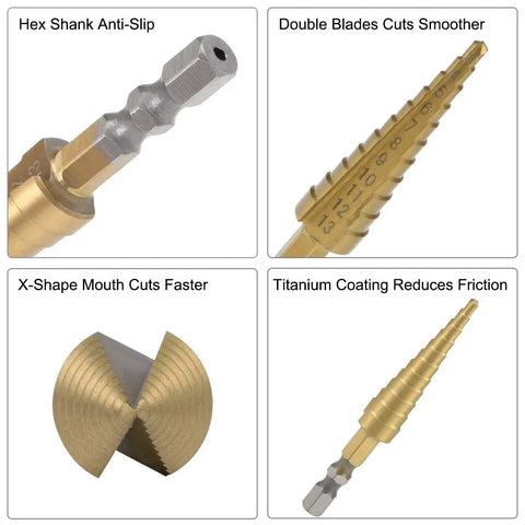 Titanium Coated HSS Step Drill Bit Set 3mm to 13mm in 11 Sizes With Hex Shank for metal, wood, plastic, durable high-speed steel