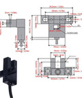Five Pack U Slot Photoelectric Switch Sensor With NPN Output, Optical Sensor For Precise Object Detection, NO NC Adjustable, DC 5 To 24V, No Fuss Easy Setup, Reliable Industrial Automation Sensor For Conveyors, Machinery, And Robotic Systems. dimensioned black U-slot photoelectric sensor drawing with cable