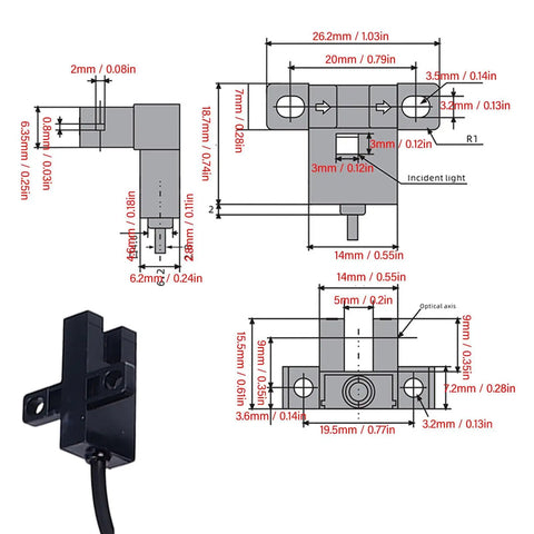 Five Pack U Slot Photoelectric Switch Sensor With NPN Output, Optical Sensor For Precise Object Detection, NO NC Adjustable, DC 5 To 24V, No Fuss Easy Setup, Reliable Industrial Automation Sensor For Conveyors, Machinery, And Robotic Systems. dimensioned black U-slot photoelectric sensor drawing with cable