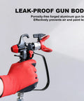 Pro Grade Airless Paint Sprayer Gun Kit Packed With Five Interchangeable Tips 311 To 619 showing leak-proof aluminum gun body.
