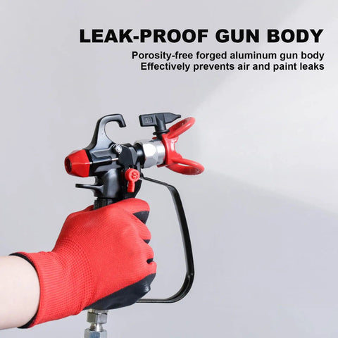 Pro Grade Airless Paint Sprayer Gun Kit Packed With Five Interchangeable Tips 311 To 619 showing leak-proof aluminum gun body.