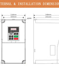 Diagram showing external installation dimensions of 5.5KW VFD Inverter For CNC Spindle Motor Converts Single Phase To 3 Phase 220V 25A