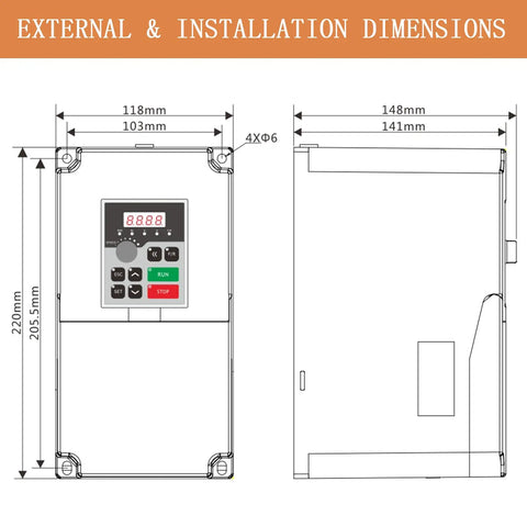 Diagram showing external installation dimensions of 5.5KW VFD Inverter For CNC Spindle Motor Converts Single Phase To 3 Phase 220V 25A