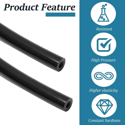 Super Flexible Black PU Air Hose One Eighth Inch OD, close-up showing hose features and durability icons.