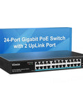Front view of 26-Port Gigabit PoE Switch with 24 PoE Ports and 2 Uplink Ports, unmanaged Ethernet switch, in all-metal housing on display.