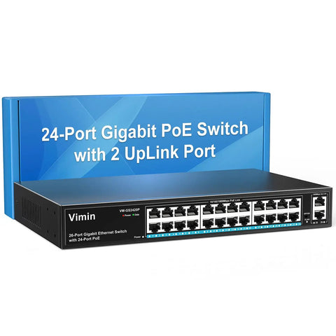 Front view of 26-Port Gigabit PoE Switch with 24 PoE Ports and 2 Uplink Ports, unmanaged Ethernet switch, in all-metal housing on display.