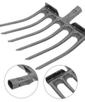 Heavy Duty Steel Garden Fork For Soil Loosening And Planting Area Prep, showing quick attach head for wooden handle