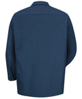 Men's Regular Fit Long Sleeve Industrial Work Shirt In Solid Navy With Slick Moisture Wicking Fabric And Quick Dry Tech, back view.