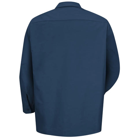 Men's Regular Fit Long Sleeve Industrial Work Shirt In Solid Navy With Slick Moisture Wicking Fabric And Quick Dry Tech, back view.