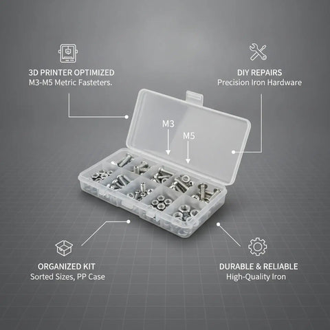 Ultimate Screw And Nut Kit For 3D Printer Projects And DIY Repairs With Iron Hardware Case, Assorted Fasteners For Quick Grab And Go Assembly And Easy On Hand Access. Open PP case with M3-M5 iron screws and nuts for 3D printer and DIY repairs.