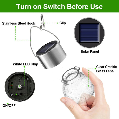 Diagram showing components of 12 Pack Hanging Solar Cracked Glass Globe Lights Outdoor Waterproof Lanterns With Handle Clip No Wiring Easy Install