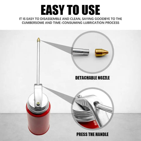 Grease Monkey Approved Manual Pump Oil Can And Oiler Gun Two Pack With Dripless Long Spout For Car And Motorcycle Maintenance Solid Steel Construction 200ml showing detachable nozzle and handle design.