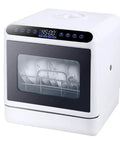 No Fuss Compact Countertop Dishwasher handles the daily grime effortlessly, featuring a sleek design and visible clean plates.