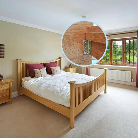 Heavy Duty Bed Rail Brackets With Mounting Hardware, Non Mortise Double Hook Slot Bed Frame Connectors, mounted on wooden bed frame.