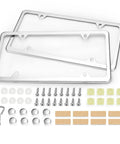 Complete set of two four hole license plate frames in slim stainless steel with a polished mirror finish and chrome screw caps.