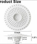 Product size dimensions of Universal Five Inch Silicone Shower Drain Hair Catcher in white, showing detailed measurements.