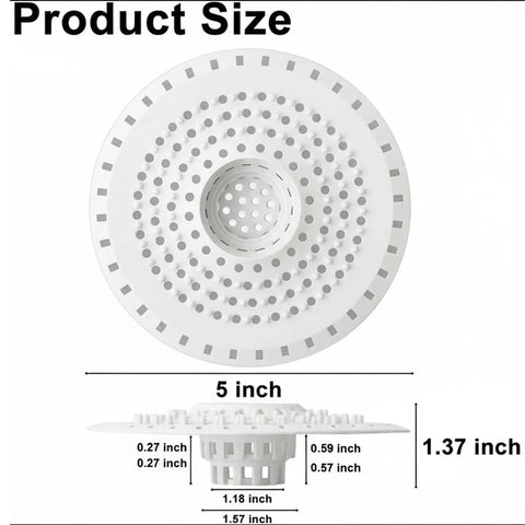 Product size dimensions of Universal Five Inch Silicone Shower Drain Hair Catcher in white, showing detailed measurements.
